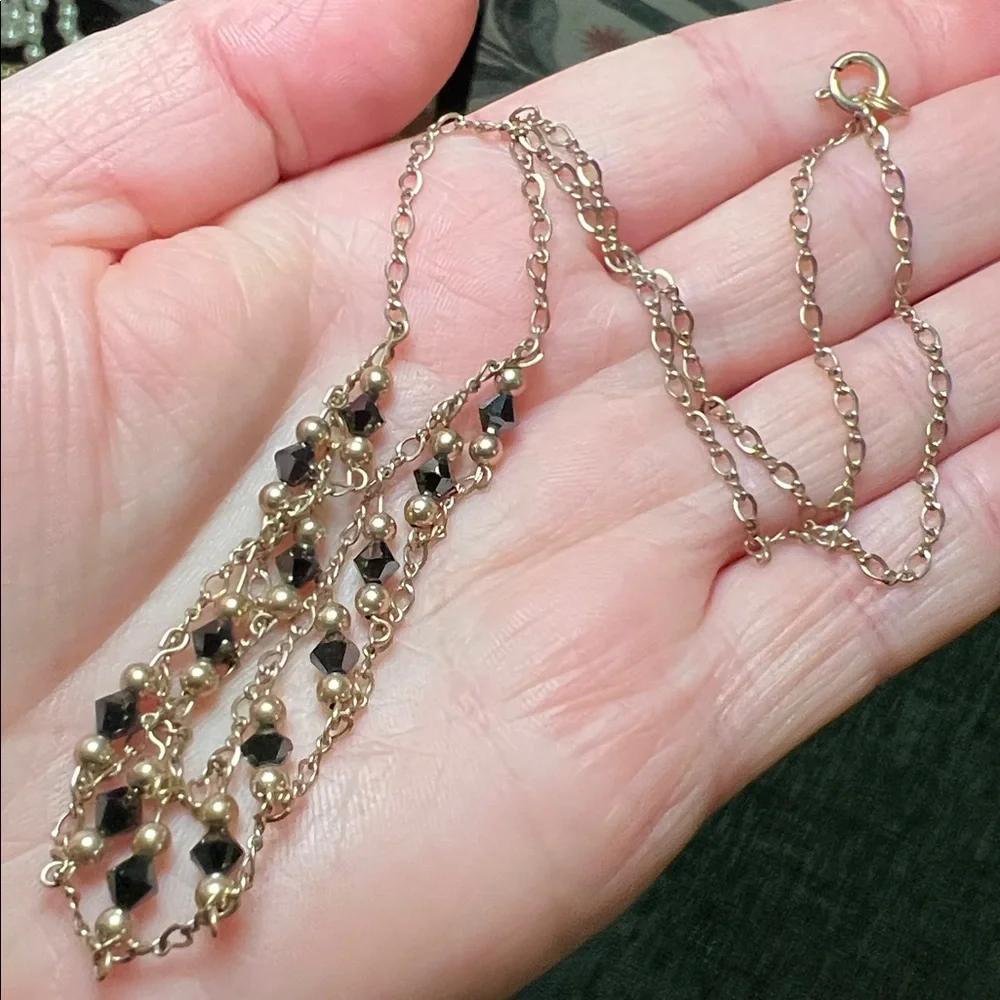 Vintage Antique Gothic Gold Filled Black Crystal Beaded Drop Bib Collar Necklace